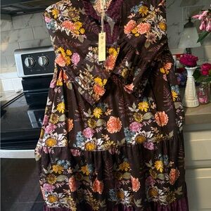 Uncle Frank Brown Floral Maxi Dress with Mustard, Coral & Purple yr Flowers